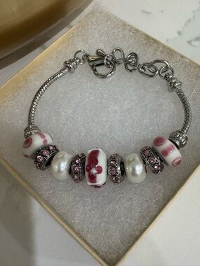 Isabella Couture Silver Charm Bracelet with Pink and White Beads